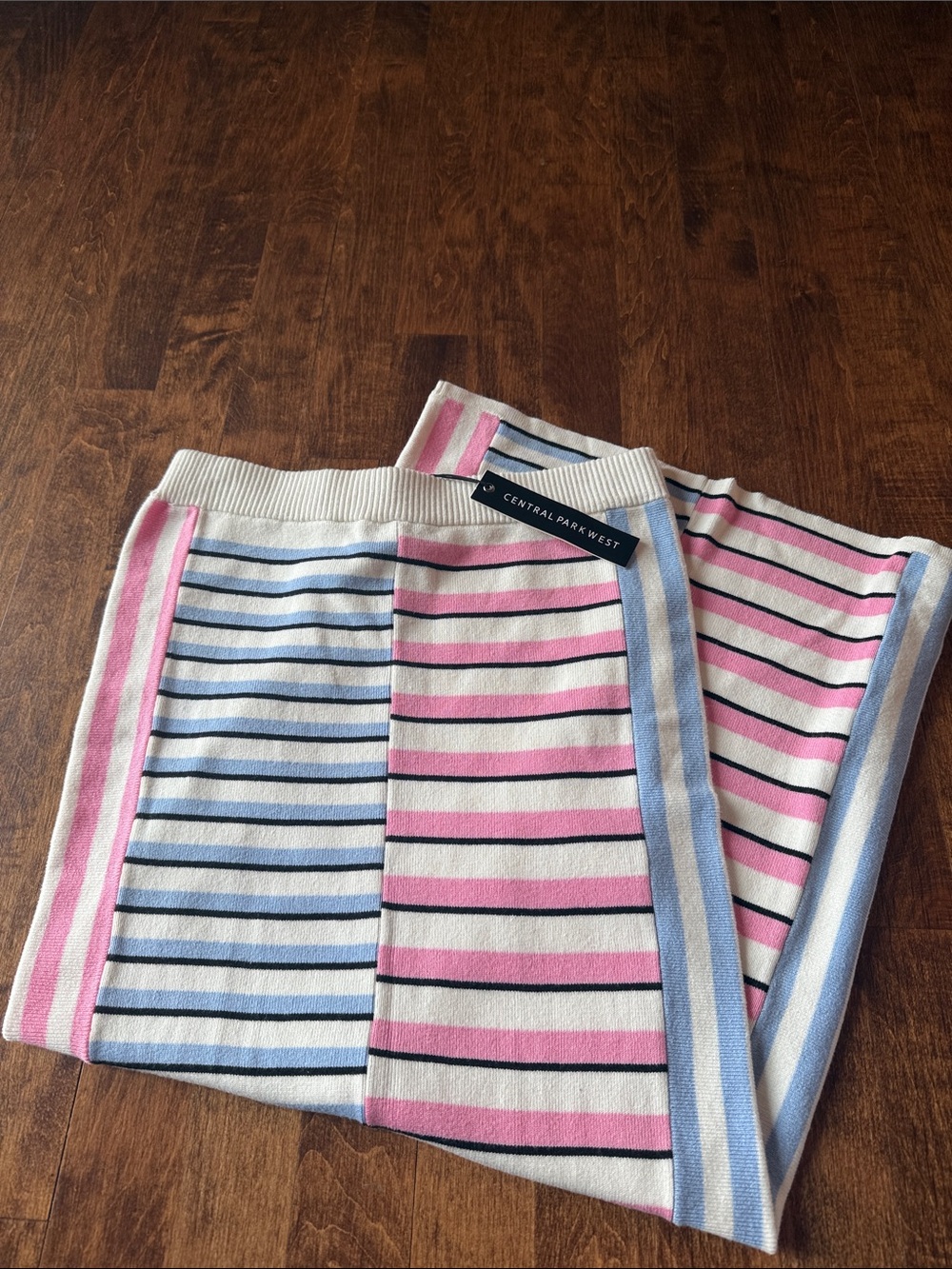 Central Park West Striped Knit Midi Skirt in Pink, Blue & Ivory